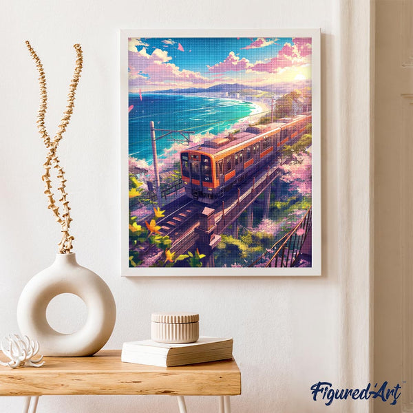 Diamond Painting - Sakura Railway by the Ocean