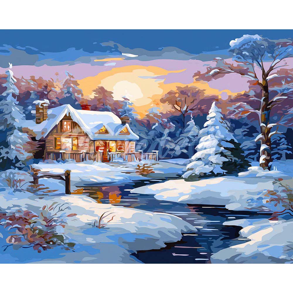 Diamond Painting - Sunset Winter Cabin