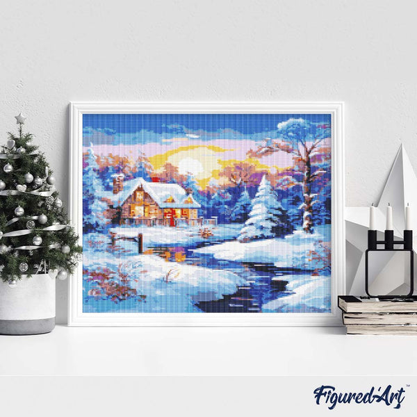 Diamond Painting - Sunset Winter Cabin