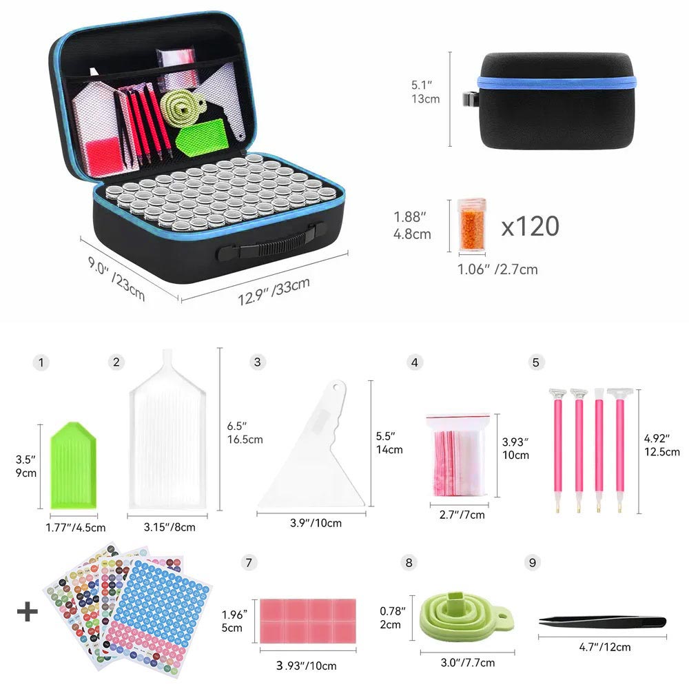 Diamond Painting Case Light Blue with 120 Jars + Accessories