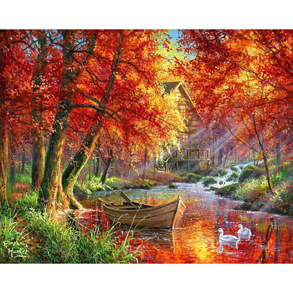 Paint by numbers Autumn River and Boat Figured'Art new arrivals, advanced, landscapes, forest