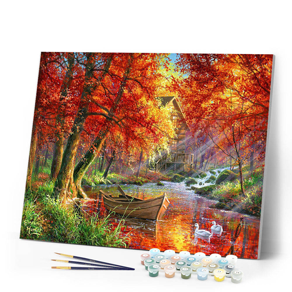 Paint by numbers Autumn River and Boat Figured'Art new arrivals, advanced, landscapes, forest