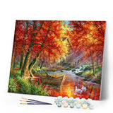 Paint by numbers Autumn River and Boat Figured'Art new arrivals, advanced, landscapes, forest