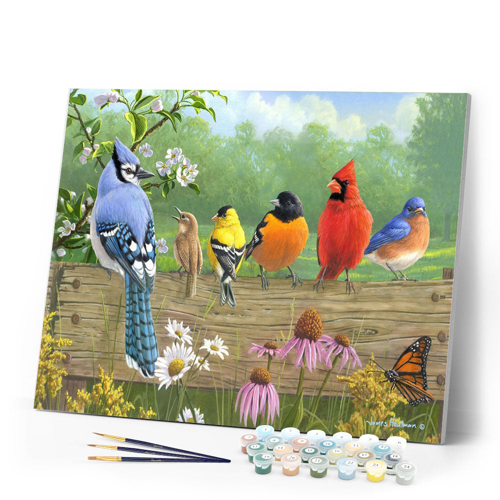 Paint by numbers Birds On A Fence Figured'Art new arrivals, intermediate, animals, birds