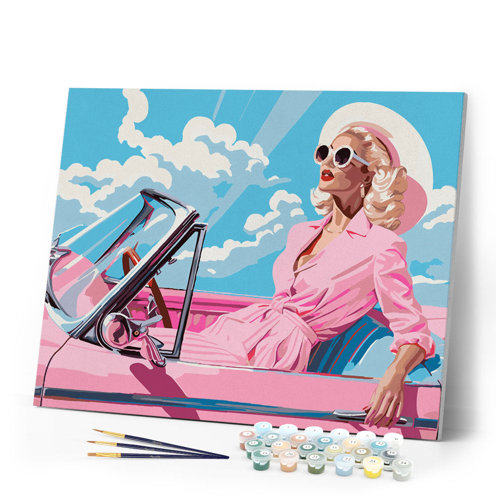Paint by numbers kit Diva in a Pink Retro Car Figured'Art