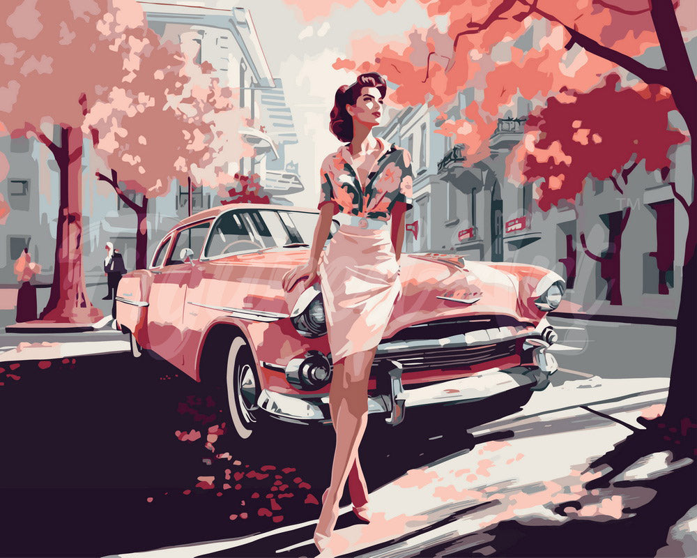 Paint by Numbers for adults - Lady and Pink Classic Car – Figured'Art