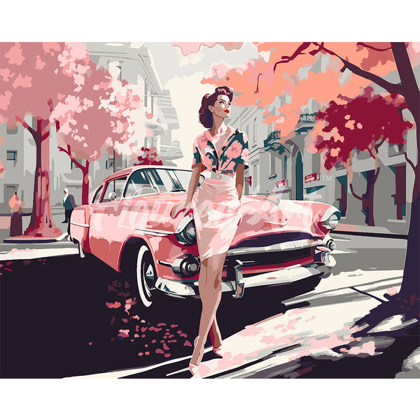 Lady and Pink Classic Car
