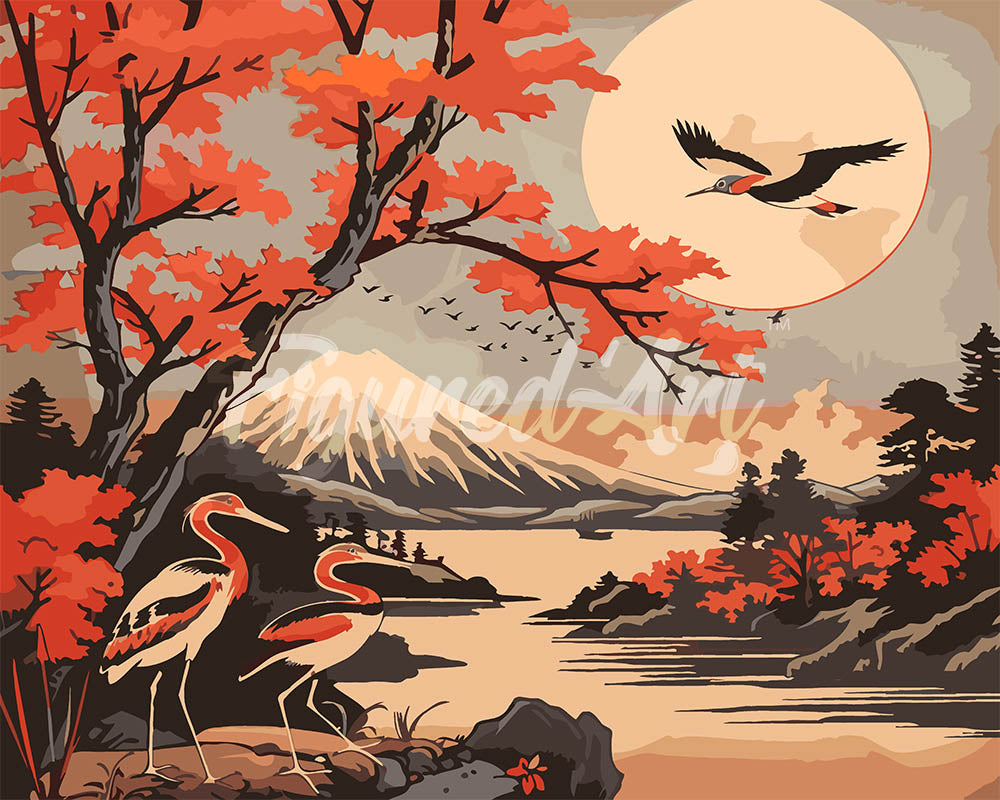 Paint by Numbers for adults - Cranes and Mount Fuji View – Figured'Art