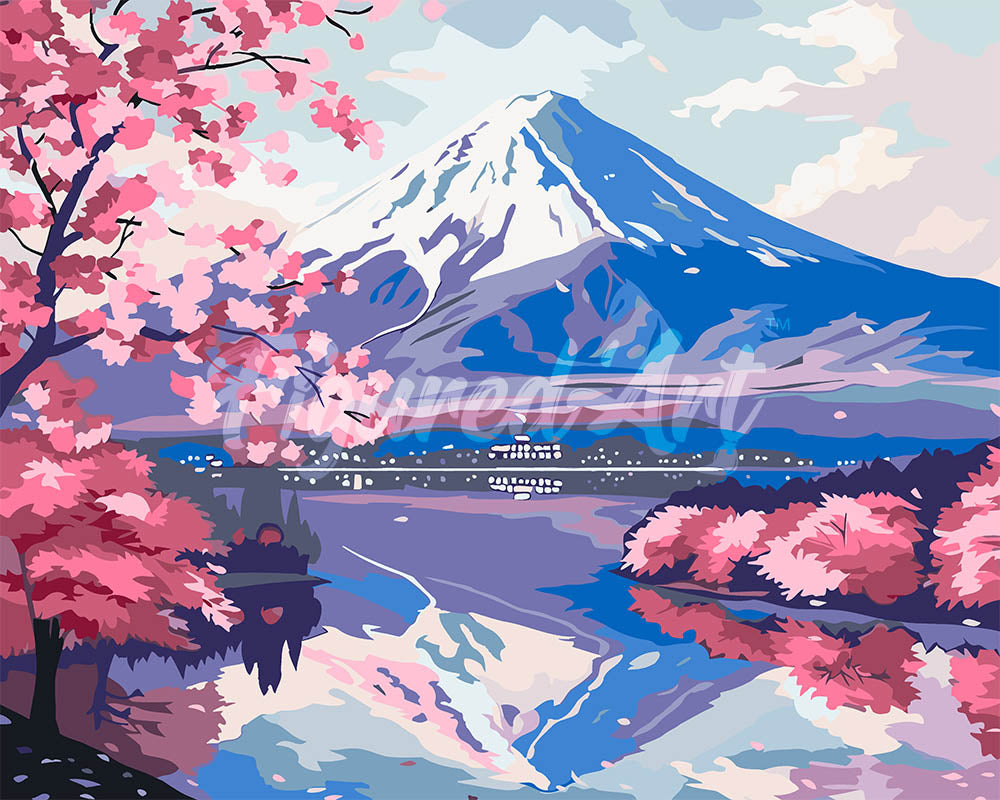Paint by Numbers for adults - Mount Fuji and Sakura Lake – Figured'Art