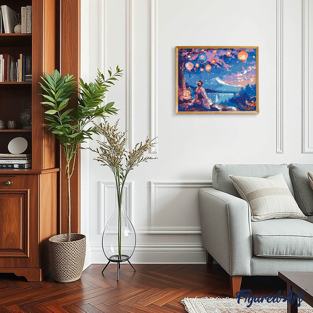 Paint by Numbers for adults - Girl, Lanterns and Mount Fuji – Figured'Art