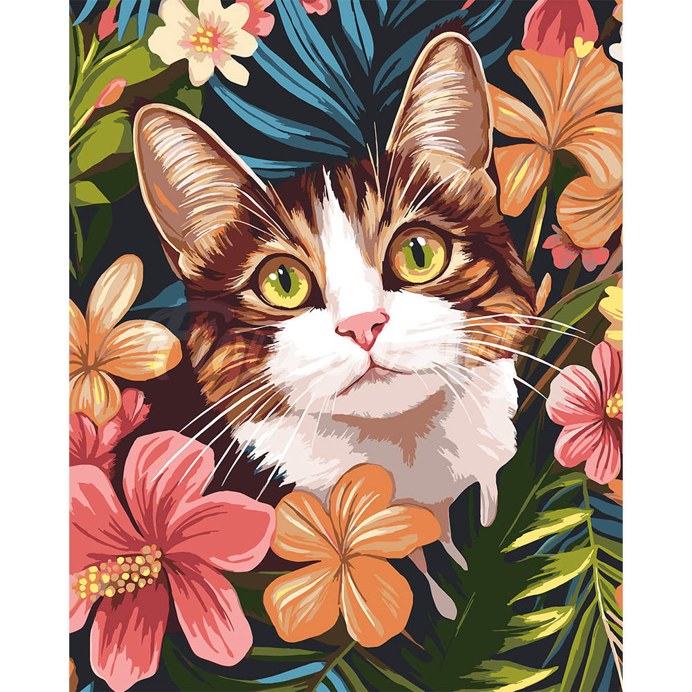 Cat with Tropical Flowers