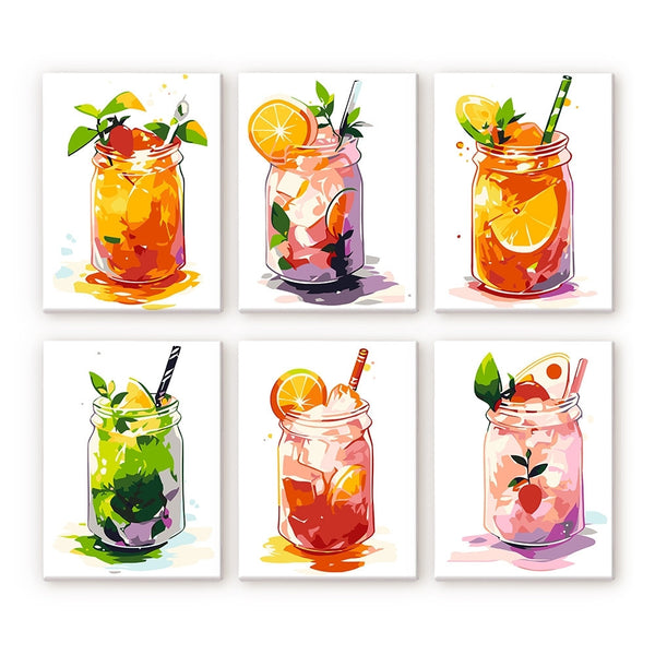 Paint by Numbers – 6 Canvas Set | Fruity Mason Jar Drinks Figured'Art