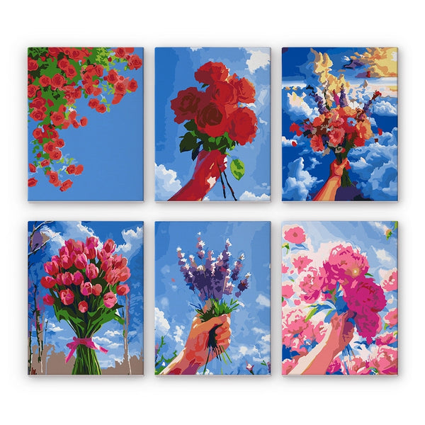Paint by Numbers – 6 Canvas Set | Flower Bouquets in the Sky Figured'Art