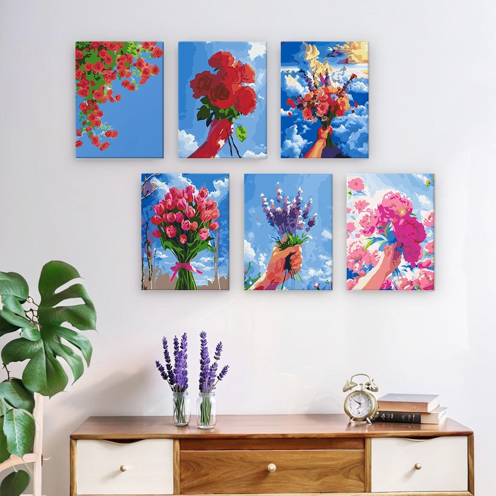 Paint by Numbers – 6 Canvas Set | Flower Bouquets in the Sky