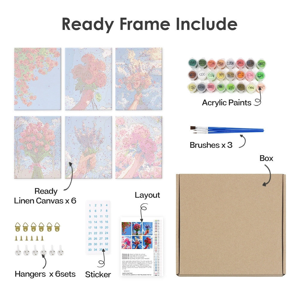 Paint by Numbers – 6 Canvas Set | Flower Bouquets in the Sky