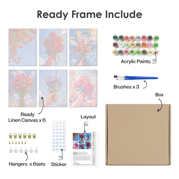 Paint by Numbers – 6 Canvas Set | Flower Bouquets in the Sky