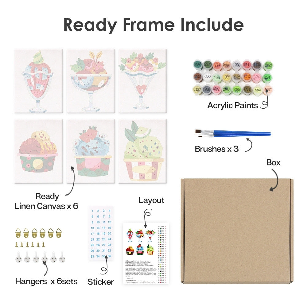 Paint by Numbers – 6 Canvas Set | Ice Cream Sundaes