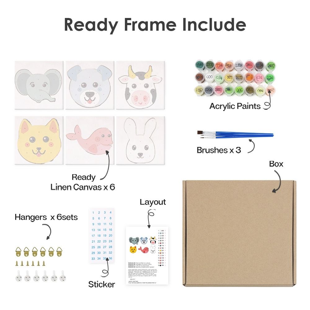 Paint by Numbers – 6 Canvas Set | Cute Animal Faces