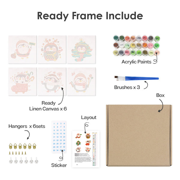 Mini Paint by numbers 6"x6" (6 pieces) - Christmas Winter Penguin