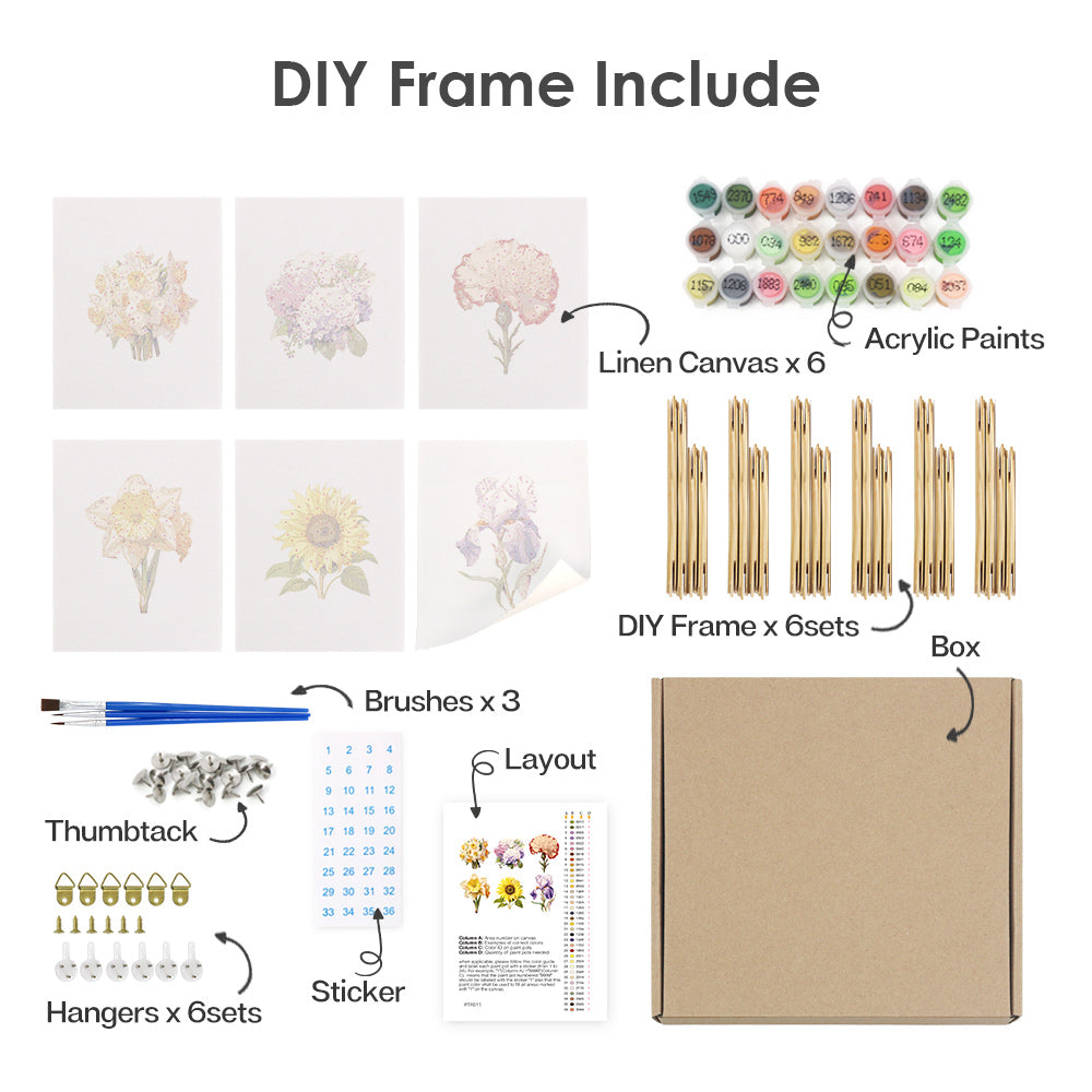 Mini Paint by numbers 6"x8" (6 pieces) - Floral Journey