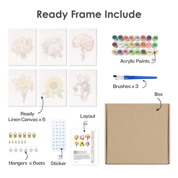 Mini Paint by numbers 6"x8" (6 pieces) - Floral Journey