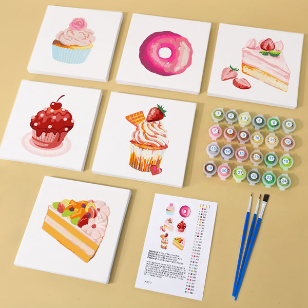 Mini Paint by numbers 6"x6" (6 pieces) - Sweet Desserts Series 2