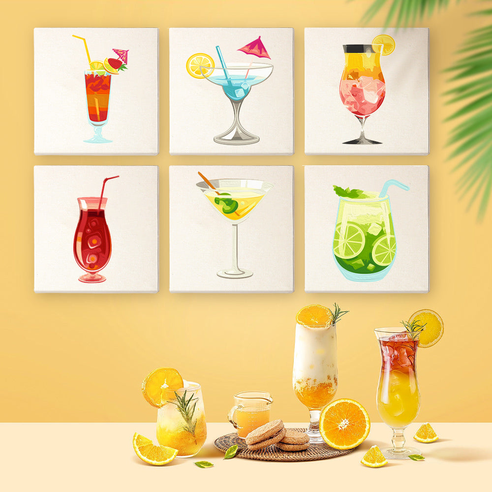 Set 6 Toiles Cocktail Peinture Par Numéros – 37,5x28 Cm – Acrylique, Pinceaux, Crochets – Pour Adultes Enfants