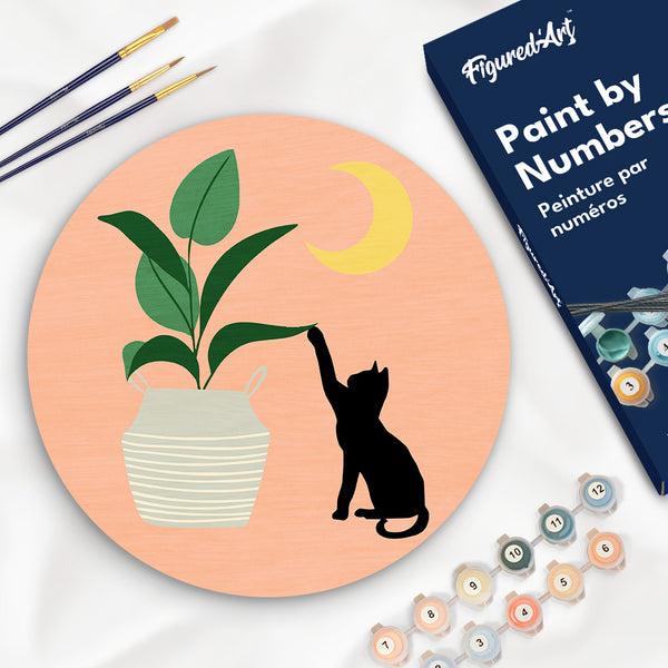 Paint by numbers on Wood Slice - Cat plays with plant in the moonlight Figured'Art USA