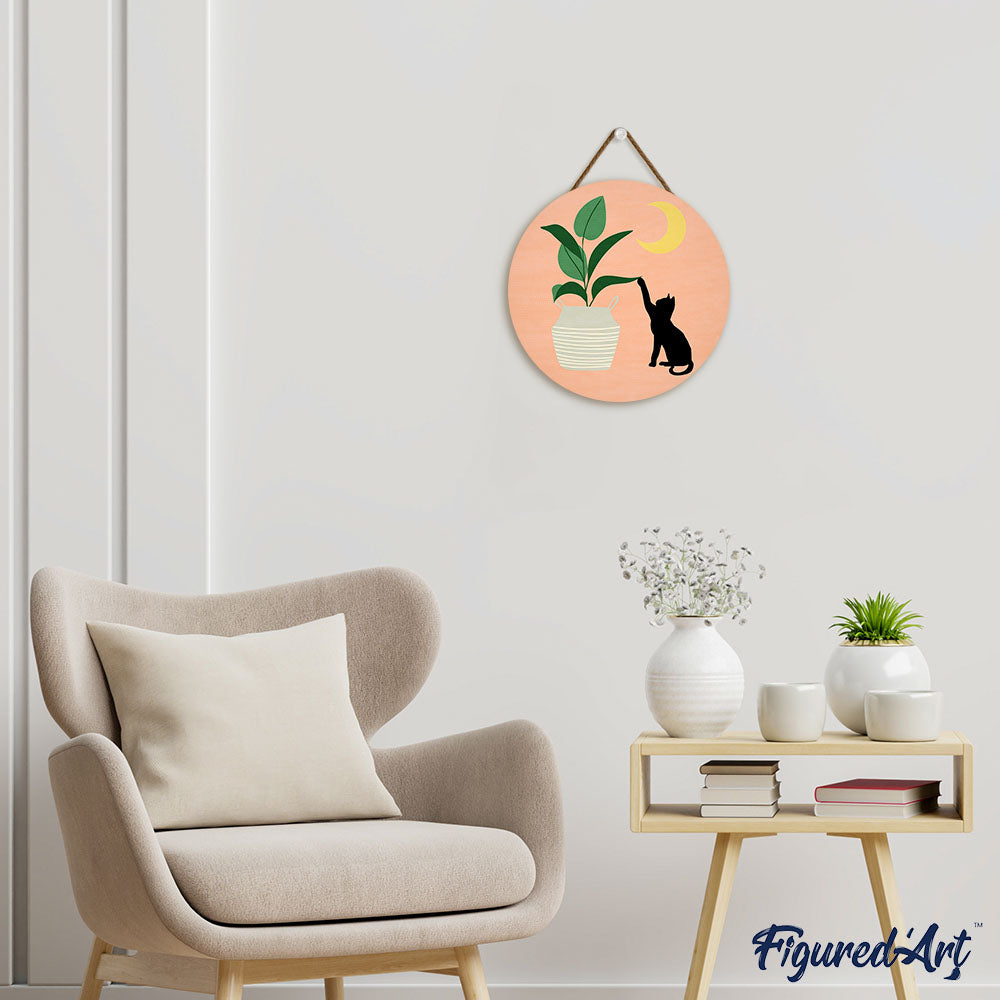 Paint by numbers on Wood Slice - Cat plays with plant in the moonlight