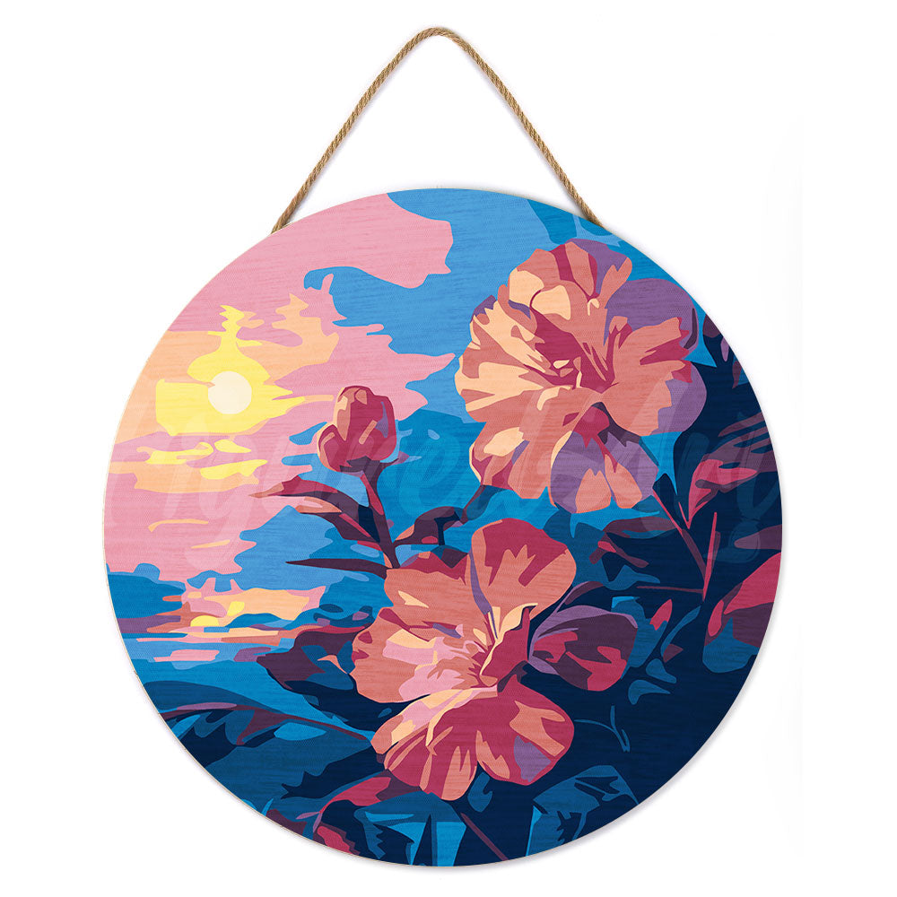 Paint by numbers on Wood Slice - Hibiscus at Sunset