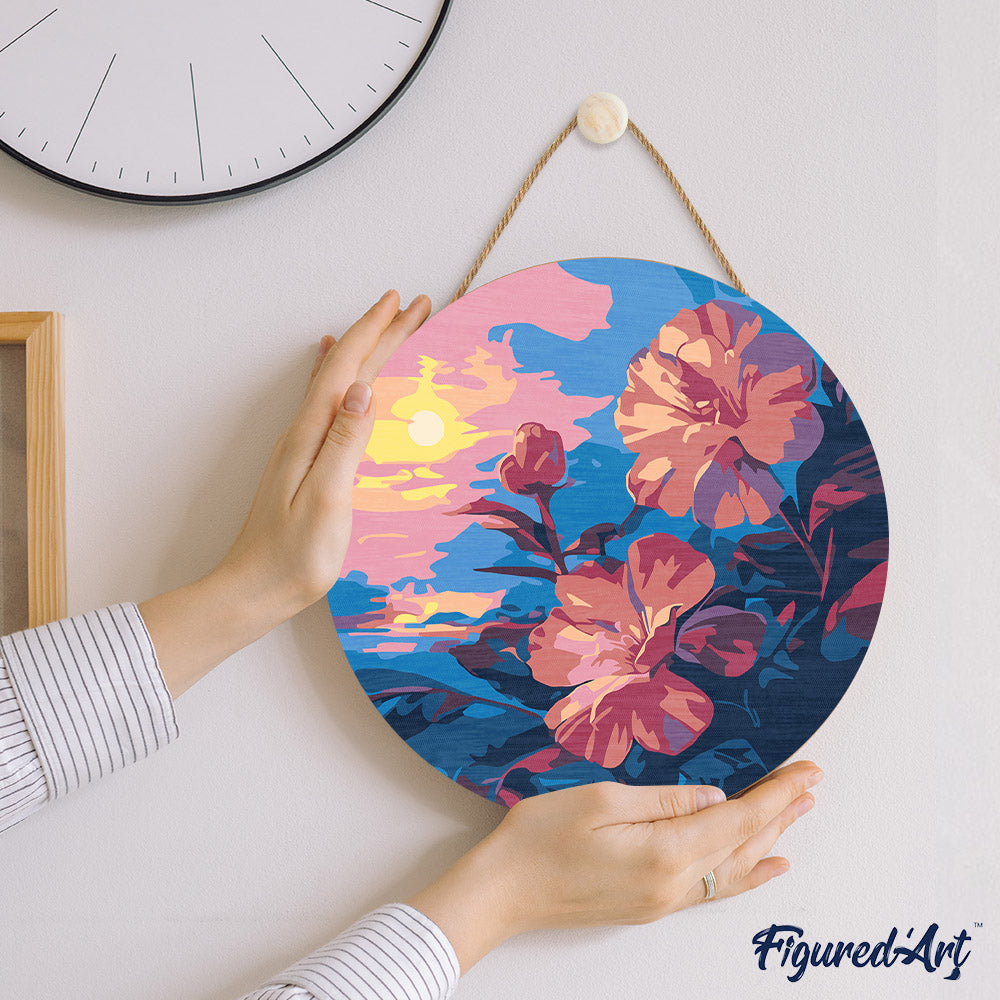 Paint by numbers on Wood Slice - Hibiscus at Sunset