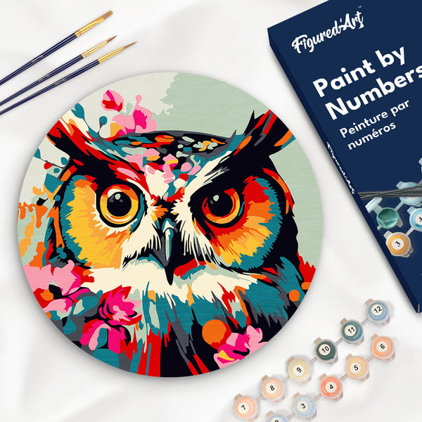 Paint by numbers on Wood Slice - Fantasy owl with flowers Figured'Art USA