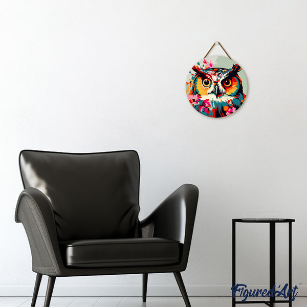 Paint by numbers on Wood Slice - Fantasy owl with flowers