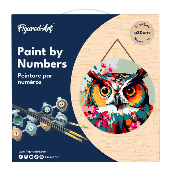 Paint by numbers on Wood Slice - Fantasy owl with flowers