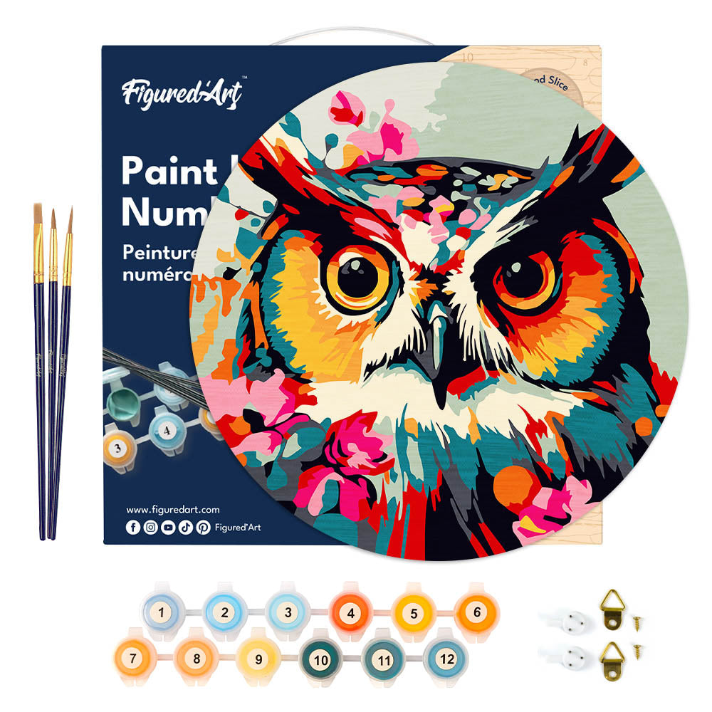 Paint by numbers on Wood Slice - Fantasy owl with flowers