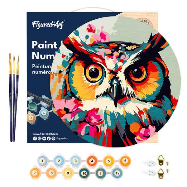 Paint by numbers on Wood Slice - Fantasy owl with flowers