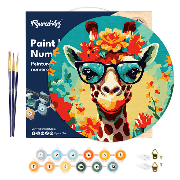 Paint by numbers on Wood Slice - Fantasy Giraffe and Flowers
