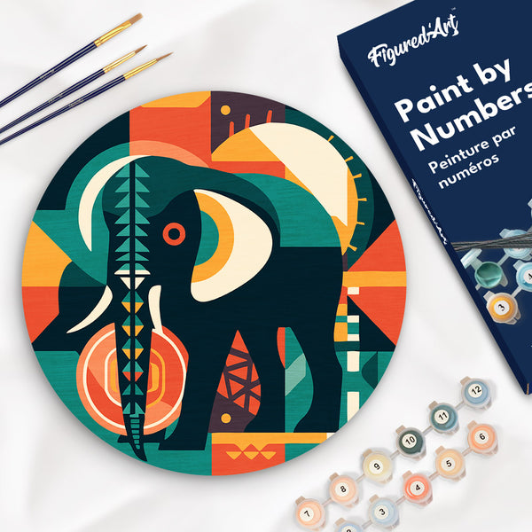 Paint by numbers on Wood Slice - Elephant Art-Deco Inspired Abstract Figured'Art USA