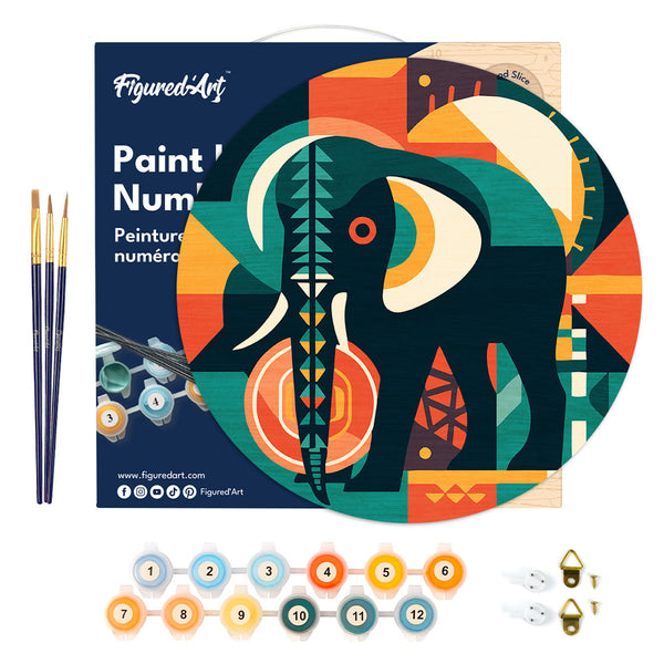 Paint by numbers on Wood Slice - Elephant Art-Deco Inspired Abstract