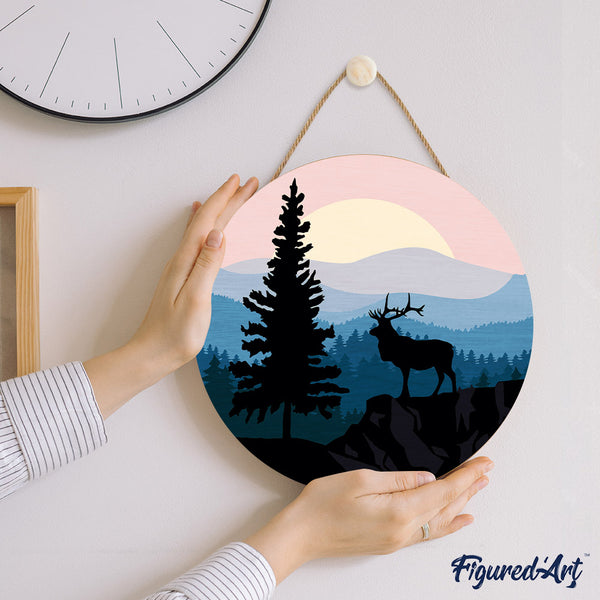Paint by numbers on Wood Slice - A Moose on the Cliff