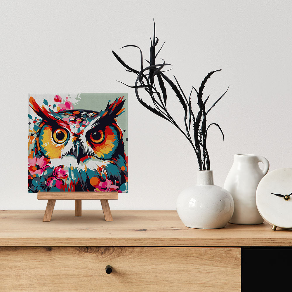Mini Paint by numbers 8"x8" framed - Fantasy owl with flowers