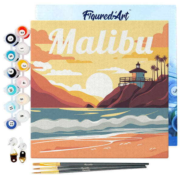 Mini Paint by numbers 8"x8" framed - Travel Poster Malibu