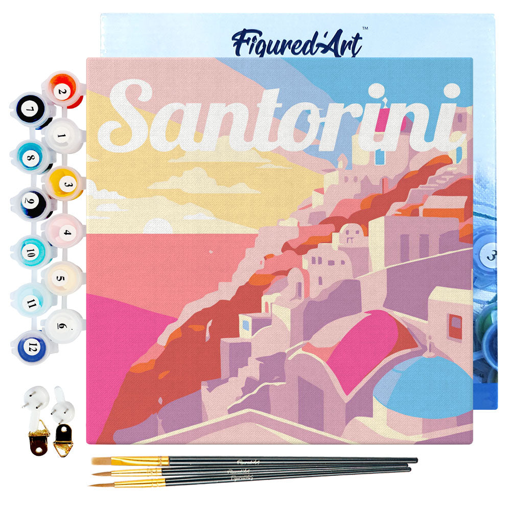 Mini Paint by numbers 8"x8" framed - Travel Poster Santorini Sunset