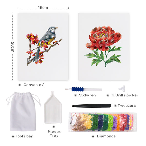 Mini Diamond Painting 6"x8" (2 pieces) - Bird and Rose