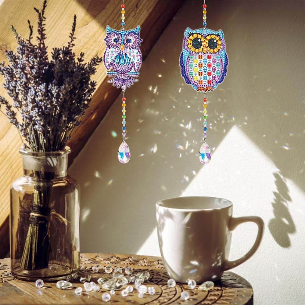 5D Diamond Painting Crystal Wind Chime Owls with 2 Pieces