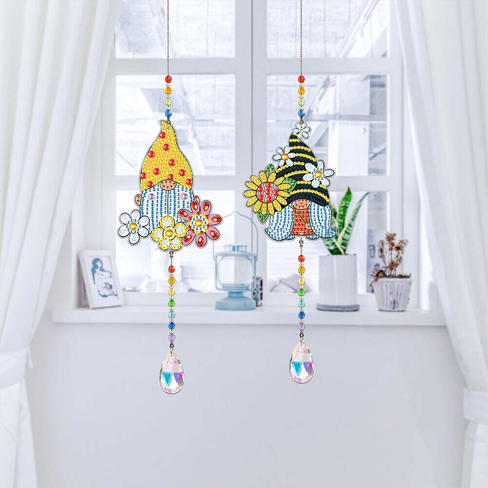 5D Diamond Painting Crystal Wind Chime Gnome with Sunflower 2 Pieces