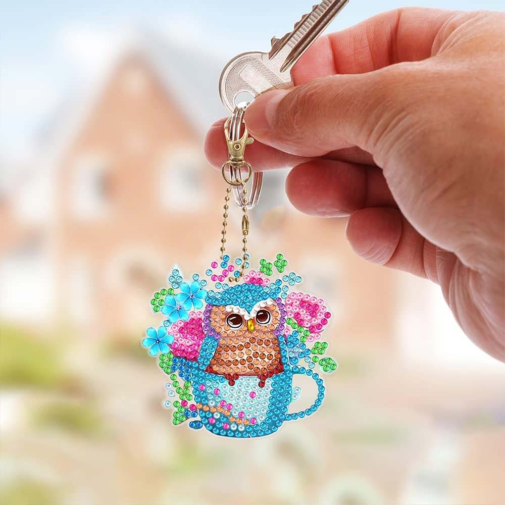 5D Diamond Painting Keychain Blue Owls 6 Pieces