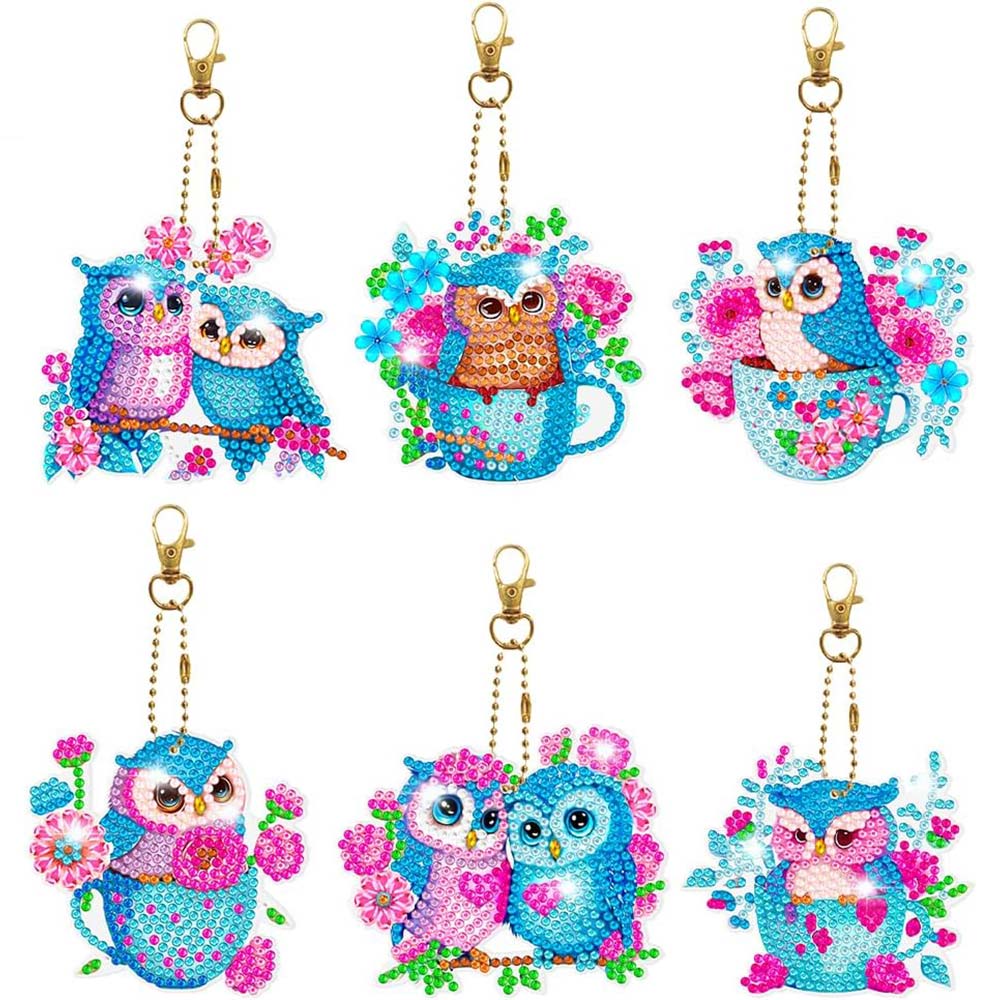 5D Diamond Painting Keychain Blue Owls 6 Pieces
