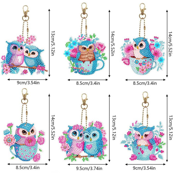 5D Diamond Painting Keychain Blue Owls 6 Pieces
