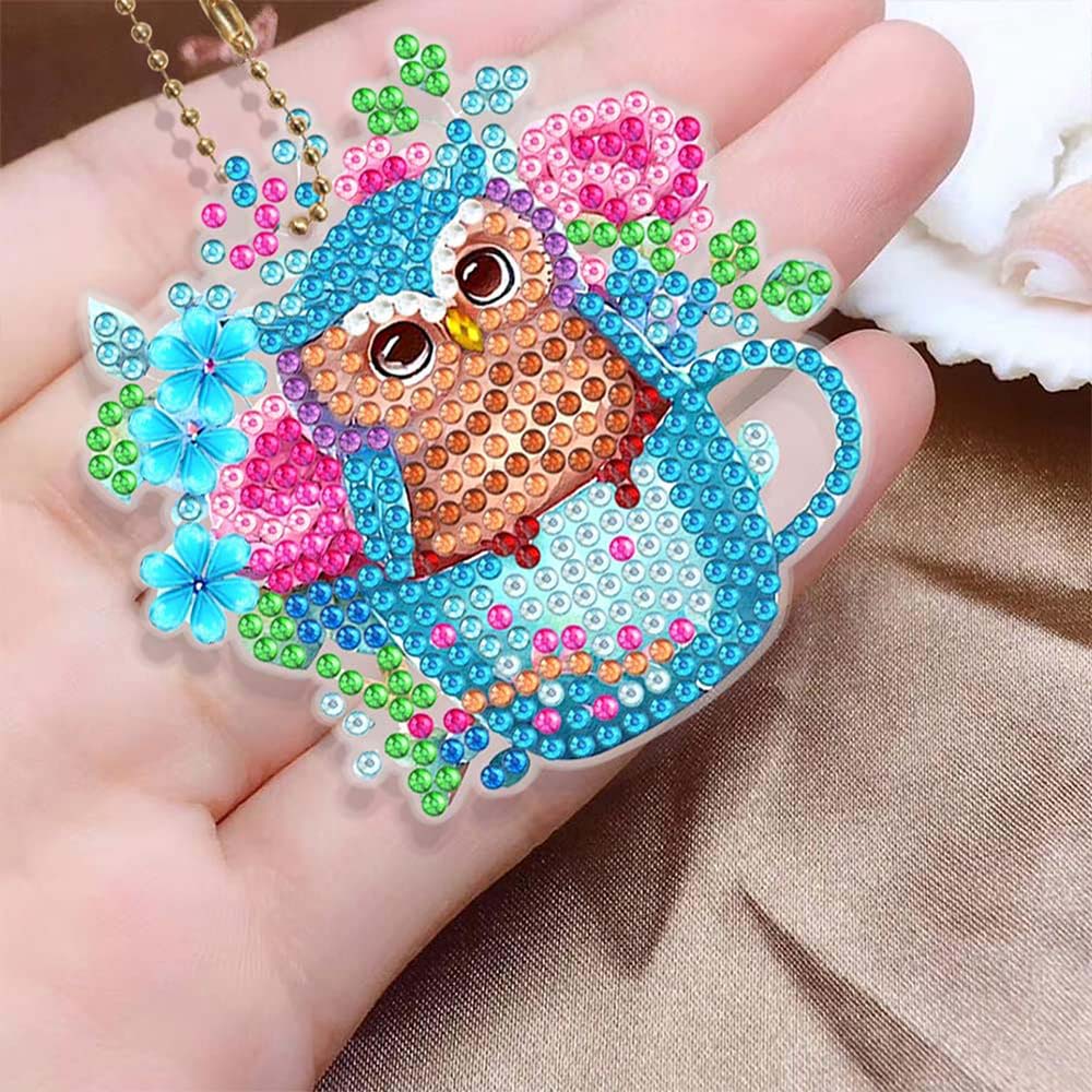 5D Diamond Painting Keychain Blue Owls 6 Pieces